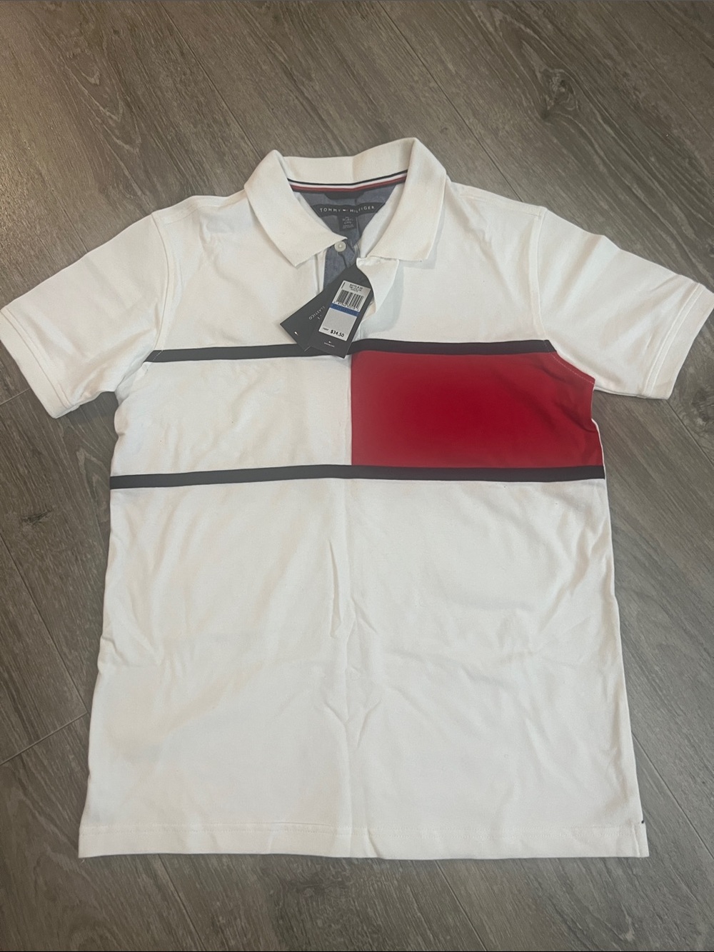 Tommy Hilfiger Men’s White Polo with Red Chest Panel and Navy Trim